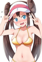 Rule 34 | 1girl, @ @, absurdres, alternate costume, bikini, blue eyes, blush, breasts, brown hair, collarbone, commentary request, double bun, double v, flying sweatdrops, hair bun, hands up, highres, long hair, maho (corotonton5150), navel, nervous smile, nintendo, open mouth, pokemon, pokemon bw2, rosa (pokemon), simple background, smile, solo, stomach, sweat, swimsuit, twintails, upper body, v, visor cap, watermark, white background, yellow bikini
