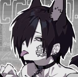 Rule 34 | 1boy, animal ears, black eyes, black hair, chain, chain leash, chino (sky tanosi), collar, commentary request, dog boy, dog ears, dog tail, ear piercing, gauze, gauze on cheek, grey background, hair over one eye, leash, looking at viewer, male focus, off shoulder, original, paw pose, piercing, short hair, solo, tail, tongue, tongue out, upper body