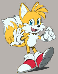 1boy animal_ears commentary english_commentary extra_tails fang fox_boy fox_ears fox_tail furry furry_male gloves grey_background komoroshi looking_at_viewer male_focus open_mouth red_shoes shoes sketch sonic_(series) tail tails_(sonic) white_gloves