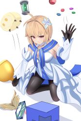 Rule 34 | 1girl, absurdres, angry, apollo (fate), arcueid brunestud, arcueid brunestud (mooncancer), black pantyhose, blonde hair, blue ribbon, breasts, cleavage, detached sleeves, dress, fate/grand order, fate (series), flower, gloves, gold trim, hair flower, hair ornament, highres, large breasts, on floor, pantyhose, red eyes, ribbon, san f, short hair, space phantas-moon another christmas, stuffed toy, tsukihime, tsukihime (remake), white dress