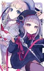 Rule 34 | 2girls, :o, arcaea, beret, black capelet, black coat, black hat, black thighhighs, blonde hair, blue eyes, blunt bangs, blush, border, bow, bowtie, capelet, clover 39, coat, commentary, crescent, crescent hat ornament, english commentary, eto (arcaea), eto (winter) (arcaea), facial mark, fang, fur-trimmed capelet, fur-trimmed thighhighs, fur trim, grey eyes, grey hair, grey hat, hat, hat ornament, highres, holding, holding staff, holding stuffed toy, looking at viewer, luna (arcaea), luna (winter) (arcaea), mark under eye, multiple girls, open mouth, parted lips, red bow, red bowtie, short hair, skin fang, snowflakes, staff, star (symbol), star in eye, stuffed animal, stuffed toy, symbol in eye, thighhighs, white border, white capelet