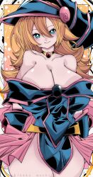 Rule 34 | 1girl, absurdres, artist name, bare shoulders, blonde hair, blue dress, blue eyes, blue hat, blush stickers, breasts, bright pupils, cleavage, closed mouth, collarbone, commentary request, dark magician girl, dress, hair between eyes, hat, highres, kinakomochi (user vedc2333), large breasts, long hair, looking at viewer, smile, solo, thighs, white pupils, wizard hat, yu-gi-oh!
