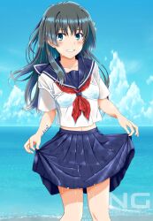 1girl artist_name beach black_hair blue_eyes blue_sailor_collar blue_skirt blue_sky commentary_request cowboy_shot flower hair_flower hair_ornament highres ken&#039;ichi_(silvian125jp) long_hair looking_at_viewer midriff neckerchief ocean outdoors parted_lips pleated_skirt red_neckerchief sailor_collar sakugawa_school_uniform saten_ruiko school_uniform serafuku shirt signature skirt sky smile solo toaru_kagaku_no_railgun toaru_majutsu_no_index watermark wet wet_clothes white_shirt