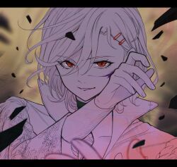 Rule 34 | 1other, antenna hair, coat, fingerless gloves, gloves, gnosia, hair between eyes, hair ornament, hairclip, looking at viewer, other focus, red eyes, sakuho sakutomo, setsu (gnosia), short hair, simple background, solo, turtleneck, upper body