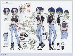 1girl armband ass back bare_shoulders black_armband black_choker blue_hair bob_cut bobby_socks breasts brown_eyes camera character_name choker closed_eyes collarbone concept_art crop_top denim face-to-face gen_4_pokemon gradient_hair grey_shirt highres holding holding_camera jeans leafeon lips looking_at_another loose_hair_strand midriff multicolored_hair navel nintendo official_art pants perrin_(pokemon) photographer pokemon pokemon_(creature) pokemon_sv ribbed_shirt shirt shoes sleeveless sleeveless_shirt small_breasts smile socks take_(takegarou) turning_head undershirt v-neck watch white_footwear wide_hips wristwatch