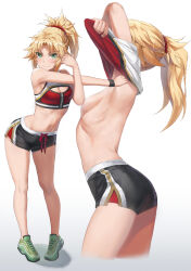 1girl armpits arms_up ass black_shorts blonde_hair blush braid breasts clothes_lift commentary_request convenient_censoring crop_top dolphin_shorts fate/apocrypha fate_(series) full_body green_eyes grey_sports_bra hair_ornament hair_scrunchie half_up_braid highres long_hair looking_at_viewer mordred_(fate) mordred_(fate/apocrypha) multiple_views navel parted_bangs ponytail red_scrunchie red_shirt revision scrunchie shirt short_shorts shorts sidelocks small_breasts smile sports_bra sports_bra_lift stretching toned toned_female tonee two-tone_shirt white_shirt