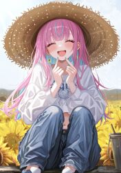 Rule 34 | 1girl, aqua hair, aqua nails, blue pants, blue sky, blush, closed eyes, collarbone, colored inner hair, day, earrings, field, fingernails, flower, flower earrings, flower field, hat, highres, hololive, jewelry, long hair, long sleeves, midriff, minato aqua, multicolored hair, nail polish, open mouth, outdoors, pants, pink hair, sa-ya2, shirt, sitting, sky, smile, solo, streaked hair, sun hat, sunflower, sunflower field, teeth, two-tone hair, upper teeth only, virtual youtuber, white shirt, yellow hat