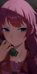 1girl absurdres bakemonogatari blue_eyes blush closed_mouth collarbone collared_shirt eyelashes grey_background hand_up highres holding_stapler long_hair looking_to_the_side monogatari_(series) naoetsu_high_school_uniform necktie pink_shirt portrait purple_hair school_uniform senjougahara_hitagi shadow shi4_shi shirt sidelocks simple_background solo stapler