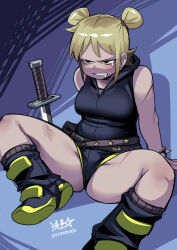 1girl black_boots black_eyes black_shorts blonde_hair boots bracelet breasts clenched_teeth commentary drooling english_commentary highres hood hoodie jewelry medium_breasts planted planted_sword planted_weapon roxie_richter ryuusei_(mark_ii) scar scar_on_arm scar_on_leg scott_pilgrim_(series) scott_pilgrim_takes_off short_twintails shorts signature sitting sleeveless sleeveless_hoodie solo spiked_bracelet spikes spread_legs sword tearing_up teeth thick_thighs thighs twintails twitter_username weapon