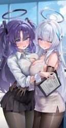 Rule 34 | 2girls, :q, absurdres, bare shoulders, black bra, black gloves, black halo, black pantyhose, black skirt, blue archive, blue eyes, blue sky, blush, bra, breast press, breasts, button gap, buttons, cleavage, clipboard, cloud, collared shirt, commentary, covered navel, day, dress, elbow gloves, glint, gloves, hair between eyes, hair ornament, halo, hand on another&#039;s back, hand on another&#039;s waist, hand up, headgear, highres, holding, holding clipboard, indoors, large breasts, licking lips, long hair, long sleeves, looking at viewer, mechanical halo, millennium science school logo, multiple girls, noa (blue archive), open mouth, pantyhose, pleated skirt, purple eyes, purple hair, see-through clothes, see-through shirt, shirt, shirt tucked in, sidelocks, skirt, sky, standing, symmetrical docking, thighband pantyhose, tongue, tongue out, triangle hair ornament, two side up, underwear, very long hair, white dress, white hair, white halo, white shirt, white wrist cuffs, window, wrist cuffs, yangyu tudou vv, yuuka (blue archive)