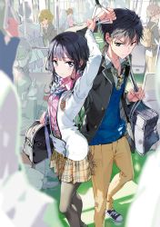 arm_up bag black_hair black_jacket blazer blue_bow blue_sweater bow bowtie brown_eyes collarbone dress_shirt highres holding holding_bag indoors jacket masamune-kun_no_revenge miniskirt multiple_boys multiple_girls necktie open_jacket open_clothes open_jacket pants pantyhose pink_shirt pleated_skirt school_bag school_uniform shirt skirt standing sweatdrop sweater tiv white_jacket yellow_pants yellow_skirt