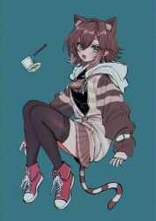 animal_ears brown_hair brown_hoodie cat_ears cat_girl cat_tail fish_hair_ornament food fumino_tamaki fumino_tamaki_(1st_costume) green_eyes hair_ornament highres hood hood_down hoodie jacket murasaki_pomeranian nattou nijisanji open_clothes open_hoodie partially_unzipped sign sign_around_neck simple_background striped_clothes striped_hoodie striped_jacket striped_tail tail virtual_youtuber