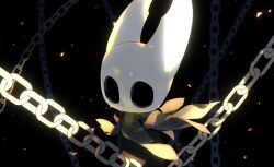 1other black_background black_skin chain colored_skin embers grey_cloak highres hollow_eyes hollow_knight hollow_knight_(character) no_humans rdif_hk simple_background solo standing