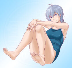 1girl absurdres antenna_hair blue_background blue_eyes blue_one-piece_swimsuit convenient_leg full_body gradient_background hands_on_own_knee hashtag-only_commentary highres kimi_wa_houkago_insomnia looking_at_viewer old_school_swimsuit one-piece_swimsuit own_hands_together school_swimsuit shiromaru_yui short_hair soles solo swimsuit toes yukikaze_(isamiashi)