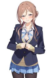 Rule 34 | 1girl, absurdres, black pantyhose, blazer, blue bra, blue eyes, blue jacket, blue ribbon, blue skirt, blush, bra, bra peek, breasts, brown hair, cleavage, commentary request, cowboy shot, gakuen idolmaster, hatsuboshi gakuen school uniform, highres, himesaki rinami, idolmaster, jacket, jie-se (kuai mian biao), large breasts, long hair, long sleeves, looking at viewer, neck ribbon, pantyhose, pleated skirt, ribbon, school uniform, shirt, simple background, skirt, smile, solo, sweat, sweater, underwear, white background, white shirt, yellow sweater