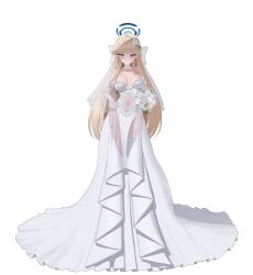 1girl absurdres alternate_costume bare_shoulders blonde_hair blue_archive blue_eyes blue_halo blush bouquet breasts breasts_apart closed_mouth collarbone commentary dress flower full_body garter_straps halo highres holding holding_bouquet large_breasts long_hair looking_at_viewer maji_(majidesu3) navel see-through_clothes see-through_dress solo standing strapless strapless_dress toki_(blue_archive) unfinished very_long_hair wedding_dress white_dress white_flower white_garter_straps