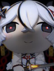1girl absurdres big_head black_eyes black_flower blake_bloom_(wuthering_waves) camellya_(wuthering_waves) camellya_mascot_(meme) chromatic_aberration closed_mouth commentary dress earrings flower gold_earrings hair_flower hair_ornament hair_vines heavy_chromatic_aberration highres hikaku_(siyrgr) holding holding_sword holding_weapon jewelry looking_at_viewer mascot_costume meme red_pupils smile solo sword tacet_mark_(wuthering_waves) weapon white_dress wuthering_waves