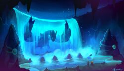 absurdres animal_focus blue_eyes creatures_(company) game_freak gen_2_pokemon highres legendary_pokemon looking_at_another lugia nintendo pokemon pokemon_(creature) scarvii stalactite stalagmite tail twitter_username typhlosion water waterfall wings