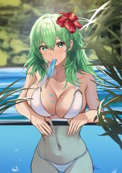 1girl absurdres alternate_color alternate_costume arerex bikini breasts cleavage collarbone eating female_byleth_(enlightened)_(fire_emblem) female_byleth_(fire_emblem) female_byleth_(summer)_(fire_emblem) female_focus fire_emblem fire_emblem:_three_houses fire_emblem_heroes flower food green_eyes green_hair hair_between_eyes hair_flower hair_ornament highres large_breasts looking_at_viewer matching_hair/eyes medium_hair navel nintendo popsicle solo stomach swimsuit white_bikini