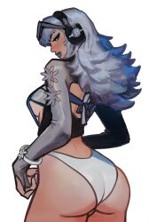 1girl absurdres ass blue_eyes blue_hair breasts cleavage highres large_breasts long_hair looking_at_viewer luna_snow luna_snow_(cool_summer) marvel marvel_rivals multicolored_hair official_alternate_costume one-piece_swimsuit peter_chai smile split-color_hair sunglasses swimsuit two-tone_hair white_hair