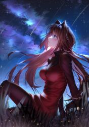 1girl aozaki_aoko black_pantyhose black_sweater blue_eyes blush breasts brown_hair cloud commentary_request dress from_side hair_intakes highres long_hair long_sleeves looking_up mahou_tsukai_no_yoru medium_breasts night night_sky outdoors pantyhose profile red_dress shooting_star sitting sky smile solo star_(sky) sweater toomishou turtleneck turtleneck_sweater