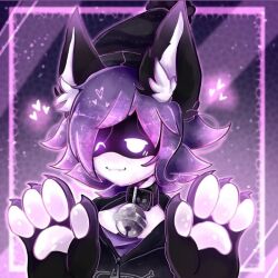1girl animal_ears beanie_hat bell choker collar glitch_productions hat hood hoodie murder_drones one_eye_closed paw purple_eyes purple_hair robot uzi_(murder_drones) wink