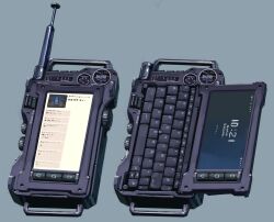 absurdres cellphone commentary_request computer_keyboard futaba_channel grey_background highres hozumi_sousei no_humans object_focus original pda phone science_fiction simple_background timestamp walkie-talkie