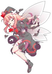 1girl alphes_(style) black_capelet black_dress black_hat black_socks black_wings blonde_hair bobby_socks bow bowtie capelet closed_eyes closed_mouth commentary_request dairi defeat dress fairy fairy_wings full_body grey_wings hair_between_eyes hat hat_bow large_variant_set lily_black lily_white long_hair long_sleeves no_shoes parody red_bow red_bowtie sidelocks socks solo style_parody sweatdrop tachi-e torn_clothes touhou transparent_background variant_set wide_sleeves wings