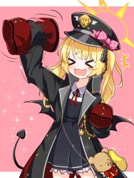 &gt;_&lt; 1girl afterimage black_horns black_tail black_wings blonde_hair blue_archive boots bow demon_girl demon_horns demon_tail demon_wings dress halo hat highres horns ibuki_(blue_archive) lee0fld long_hair long_sleeves low_wings notice_lines open_mouth peaked_cap pinafore_dress pink_bow ribbon side_ponytail sleeveless sleeveless_dress sleeves_past_fingers sleeves_past_wrists smile solo stuffed_animal stuffed_toy tail teddy_bear waving_arm wings yellow_boots yellow_halo
