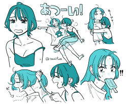 ! !! absurdres artist_name breasts cleavage ear_piercing fang food food_in_mouth hand_fan highres holding holding_fan hug inuzuka_miwa long_hair lying monochrome piercing popsicle popsicle_in_mouth sawatari_saeko shirt short_hair sitting spaghetti_strap sweat t-shirt tamifull tsukiatte_agetemo_ii_kana