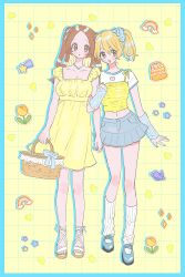 2girls brown_eyes brown_hair couple crossed_arms face-framing_short_strand highres m15391599 multiple_girls parted_bangs sano_emma smile tokyo_revengers twintails y2k_fashion yellow_onepice