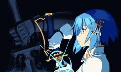 1girl 1other absurdres blue_eyes blue_hair cape commentary drawing_sword english_commentary fortissimo from_side frown gauntlets gloamy gloves hair_ornament highres holding holding_sword holding_weapon magical_girl mahou_shoujo_madoka_magica mahou_shoujo_madoka_magica_(anime) miki_sayaka miki_sayaka_(magical_girl) musical_note musical_note_hair_ornament oktavia_von_seckendorff profile sheath short_hair sword weapon white_cape white_gloves