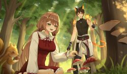 Rule 34 | 1boy, 1girl, absurdres, acorn hair ornament, animal ears, artist name, black gloves, black hair, black pants, black skirt, breasts, cat boy, cat ears, cat tail, dotol kim, dress, fiery ears, fiery tail, forest, gloves, grass, green eyes, hair ornament, highres, holding acorn, indie virtual youtuber, jewelry, kneeling, konyanart, long hair, mathrim cauthon, mushroom, nature, necklace, open mouth, orange eyes, orange hair, pants, pinafore dress, red dress, second-party source, shirt, short hair, skirt, sleeveless, sleeveless dress, sleeveless shirt, smile, squirrel, star (symbol), star hair ornament, tail, tree, virtual youtuber, white shirt