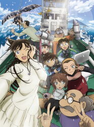 4girls 6+boys ;) ;d agasa_hiroshi arms_up black_footwear black_hair black_skirt black_socks blue_eyes boat brown_hair camera closed_mouth cover diving_mask_around_neck diving_suit dolphin double_v dress dry_suit dvd_cover edogawa_conan fishing_rod freckles gas_cylinder glasses green_eyes green_hairband green_sweater haibara_ai hairband highres holding holding_camera holding_fishing_rod kneeling kojima_genji lens_flare long_dress long_sleeves looking_at_viewer meitantei_conan mouri_kogoro mouri_ran multiple_boys multiple_girls ocean official_art on_boat one_eye_closed open_mouth outdoors purple_sweater rainbow red_skirt round_eyewear shirt short_hair sitting skirt sky smile socks splashing standing sudou_masatomo suzuki_sonoko sweater swim_ring teraoka_iwao tsuburaya_mitsuhiko ushio_kanji v v_over_eye watercraft whale white_dress white_shirt yellow_hairband yoshida_ayumi