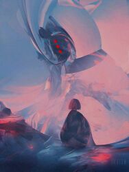 Rule 34 | 2others, black cloak, bob cut, cliff, cloak, dkaism, from behind, limited palette, looking at object, machinery, multiple others, original, painterly, pink hair, sitting, surreal