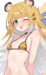 1girl animal_ears animal_print bikini bitseon blonde_hair blush breasts green_eyes highres ju_fufu long_hair looking_at_viewer multicolored_hair navel one_eye_closed small_breasts solo swimsuit tail tiger_ears tiger_girl tiger_tail tongue tongue_out zenless_zone_zero