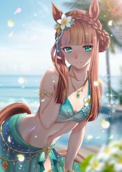 Rule 34 | 1girl, animal ears, armlet, bare shoulders, bikini, bikini skirt, blue bikini, blue eyes, blue sarong, blue sky, blunt bangs, blunt ends, bracelet, braid, breasts, commentary request, cowboy shot, crown braid, day, flower, frilled bikini, frills, hair flower, hair ornament, highres, horse ears, horse girl, jewelry, leaning forward, looking at viewer, medium hair, navel, official alternate costume, official alternate hairstyle, open mouth, orange hair, otono (bkt4b), outdoors, palm leaf, palm tree, sarong, silence suzuka (emerald on the waves) (umamusume), silence suzuka (umamusume), sky, small breasts, smile, solo, stomach, swimsuit, tareme, tree, umamusume