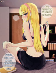 1girl absurdres bare_arms bare_shoulders bed black_bra black_skirt blonde_hair blunt_bangs blush book bra brad_buttowski brown_eyes cellphone closed_mouth commentary_request dawapat door from_behind grey_socks hairband hand_up highres holding indoors kendall_perkins kick_buttowski kneehighs long_hair looking_back md5_mismatch miniskirt mole mole_under_eye nail_polish phone pink_hairband pink_nails pleated_skirt prostitution resolution_mismatch shelf sitting skirt smartphone socks source_smaller speech_bubble traced translated underwear