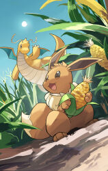 Rule 34 | animal focus, brown eyes, claws, closed mouth, corn, cornrows, dragon, dragonite, eevee, gen 1 pokemon, highres, holding, nintendo, no humans, open mouth, outdoors, pokemon, pokemon (creature), pokemon focus, smile, tail, wings, yamaori (hakkentai pokedan)