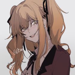 1girl black_cross_tie black_ribbon blonde_hair chinese_commentary collared_shirt commentary_request cross_tie elicooc eyelashes grey_background grin hair_between_eyes hair_ribbon hyakkaou_academy_school_uniform jacket kakegurui long_hair looking_at_viewer red_jacket ribbon saotome_mary school_uniform shirt signature smile solo two_side_up white_shirt yellow_eyes
