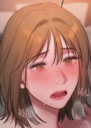 1girl bad_thinking_diary bare_shoulders blush brown_eyes brown_hair crying highres kim_minji_(bad_thinking_diary) parted_lips rangrarii red_lips short_hair tears