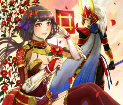 Rule 34 | armor, banner, black hair, boots, breasts, brown eyes, cleavage, flower, helmet, holding, holding flower, ii naomasa, ii naotora, large breasts, long hair, petals, red thighhighs, sengoku musou, smile, thighhighs, twintails