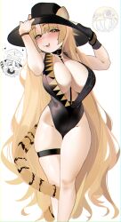 1girl absurdres animal_ears arknights black_gloves black_hat black_one-piece_swimsuit blush breasts feet_out_of_frame gloves green_eyes hat highres large_breasts looking_at_viewer naxius_noxy one-piece_swimsuit open_mouth single_glove smile solo standing swimsuit swire_(arknights) swire_the_elegant_wit_(arknights) tail thigh_strap tiger_ears tiger_girl tiger_tail white_background
