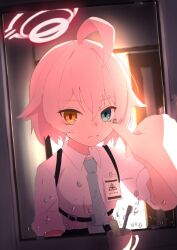 Rule 34 | 1girl, ahoge, blue archive, blue eyes, blue necktie, chest harness, closed mouth, collared shirt, commentary request, cup, halo, hand up, harness, heterochromia, highres, hoshino (blue archive), hoshino (first year) (blue archive), hoshino (young) (blue archive), id card, looking at mirror, meluwow, mirror, necktie, open door, pink hair, pink halo, school uniform, shirt, short hair, sleeves rolled up, solo, toothbrush, toothpaste, water drop, white shirt, yellow eyes
