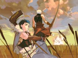 2boys archer_(fate) back baragi blue_hair body_markings bow_(weapon) capelet cloud cloudy_sky cu_chulainn_(caster)_(fate) cu_chulainn_(fate) dark-skinned_male dark_skin day earrings fate/grand_order fate/grand_order:_first_order fate_(series) fingerless_gloves fur-trimmed_hood fur_trim gloves highres holding holding_bow_(weapon) holding_staff holding_weapon hood jewelry long_hair looking_at_viewer male_focus multiple_boys outdoors red_eyes shirt short_hair sitting sky sleeveless spiked_hair staff weapon white_hair