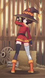 1girl bandaged_leg bandages belt black_belt black_gloves black_thighhighs brown_hair brown_hat brown_shoes dress fingerless_gloves gloves hat highres indoors kono_subarashii_sekai_ni_shukufuku_wo! long_sleeves megumin nayt_layt red_dress red_eyes shoes short_dress short_hair smile solo thighhighs witch_hat