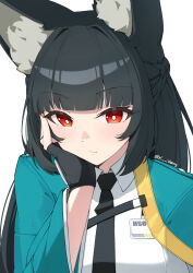 1girl animal_ear_fluff animal_ears black_hair black_necktie blunt_bangs braid closed_mouth collared_shirt fingerless_gloves fox_ears fox_girl gloves half_up_braid head_on_hand head_rest hoshimi_miyabi id_card jacket light_blush long_hair necktie red_eyes shirt sidelocks solo twitter_username white_shirt xsan_vanny zenless_zone_zero