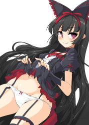 Rule 34 | 1girl, :q, absurdres, black bow, black dress, black hair, blunt bangs, blush, bow, closed mouth, clothes lift, cowboy shot, dress, dress lift, dutch angle, female focus, frilled bow, frilled dress, frills, garter straps, gate - jieitai ka no chi nite kaku tatakaeri, groin, hair bow, hair ribbon, highres, lifting own clothes, lolita fashion, long hair, looking at viewer, momio, navel, panties, pink eyes, puffy short sleeves, puffy sleeves, red ribbon, ribbon, rory mercury, seductive smile, short sleeves, simple background, smile, solo, standing, thigh strap, thighs, tongue, tongue out, underwear, very long hair, white background, white panties