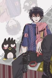 Rule 34 | 1boy, badtz-maru, belt, bird, black boots, black eyes, black hair, black pants, blush, boots, crossover, d4u4a-vvvats, highres, jacket, katagiri yuuichi, long hair, looking at viewer, multicolored jacket, open mouth, pants, penguin, pink jacket, purple jacket, sanrio, tomodachi game, tongue, tongue out, two-tone jacket, white background