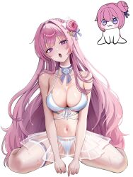 Rule 34 | 1girl, bikini, breasts, cleavage, collarbone, commentary, doro (nikke), dorothy (nikke), english commentary, flower, full body, goddess of victory: nikke, hair bun, hair flower, hair ornament, highres, large breasts, long hair, looking at viewer, navel, noneu03, open mouth, pink hair, purple eyes, simple background, single side bun, sitting, stomach, swimsuit, thigh strap, very long hair, wariza, wet, white background, white bikini